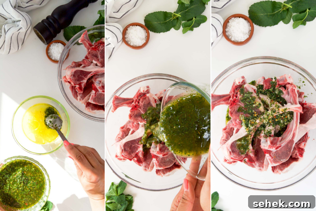Marinated Grilled Lamb Chops Recipe for Juicy, Flavorful Results 5 a collage of three images showing how to measure lamb chop marinade ingredients into a bowl and what it should look like