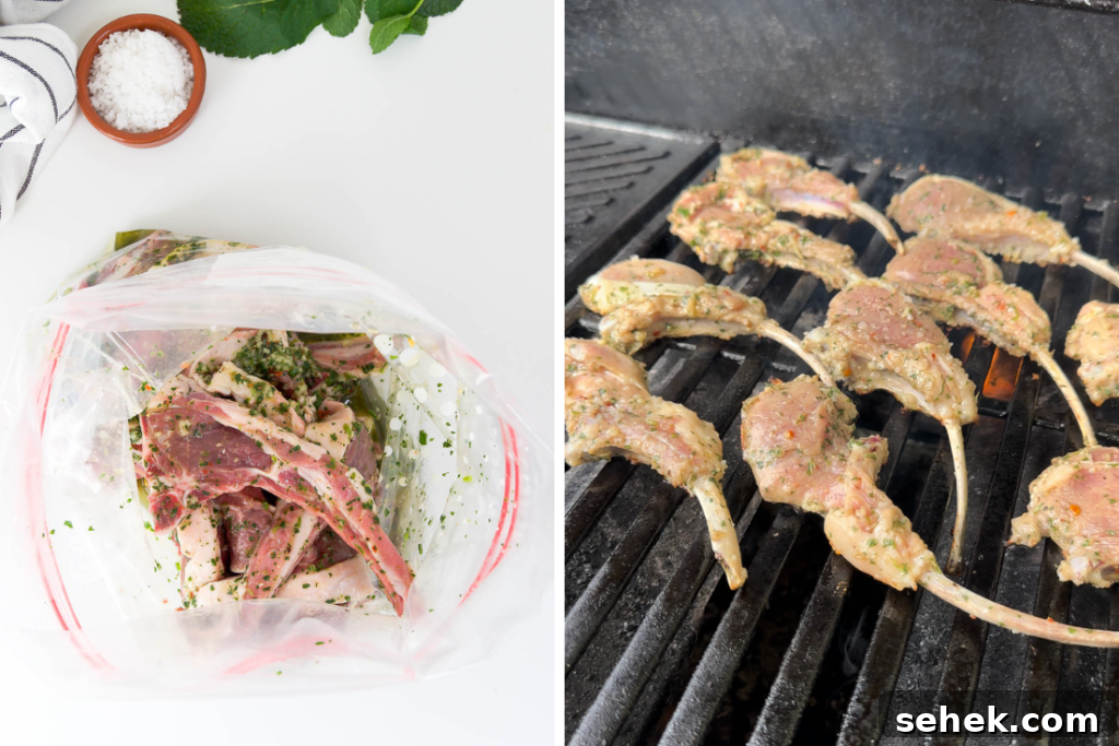 Marinated Grilled Lamb Chops Recipe for Juicy, Flavorful Results 6 collage of two images showing marinated lamb chops in a plastic bag and the lamb chops on a grill