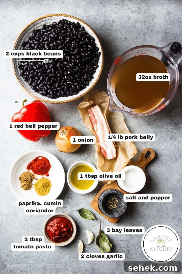 Instant Pot Brazilian Feijoada-Inspired Black Bean Soup 3 ingredients for Brazilian black bean soup in individual bowls.