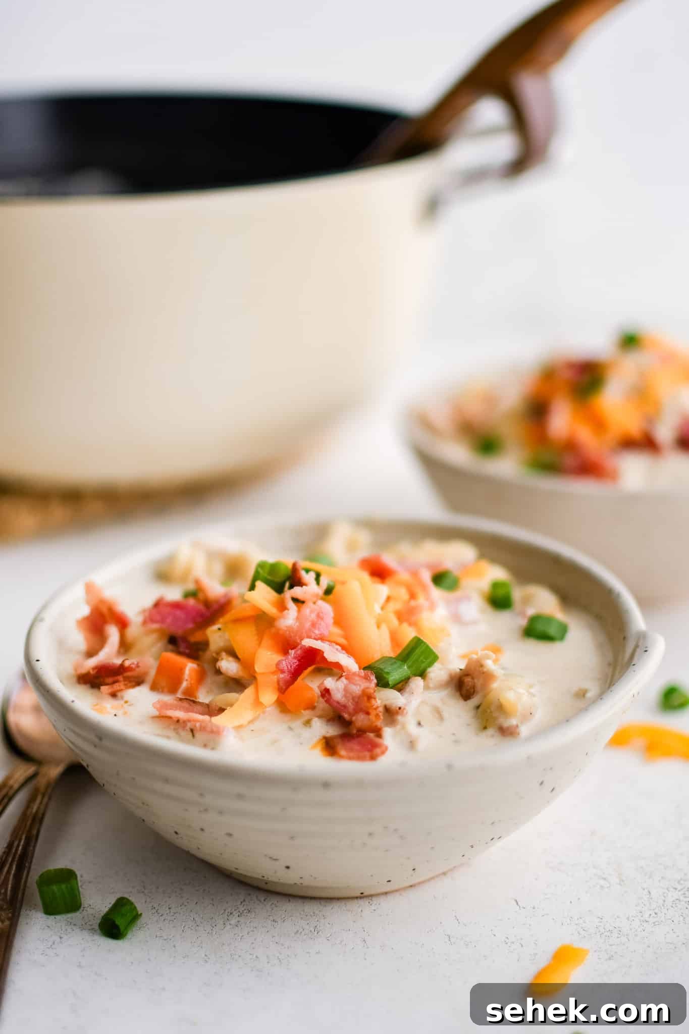 Bowl filled with super creamy crack chicken soup filled with rotini pasta, shredded chicken, bacon, and topped with shredded cheddar cheese, chopped green onions, and even more crispy cooked bacon bits.