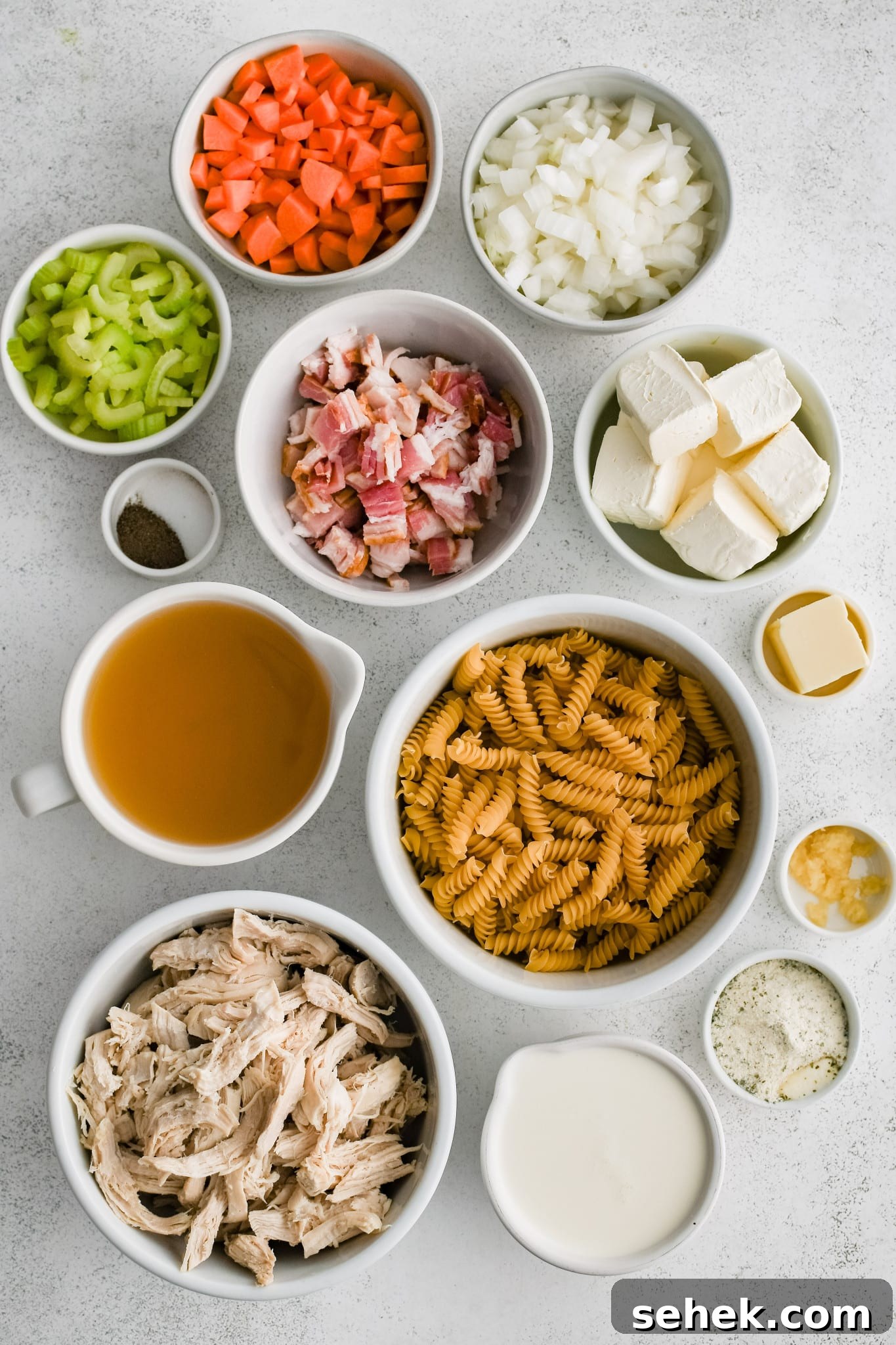 All of the ingredients needed to make super creamy crack chicken soup in individual measuring cups and ramekins.