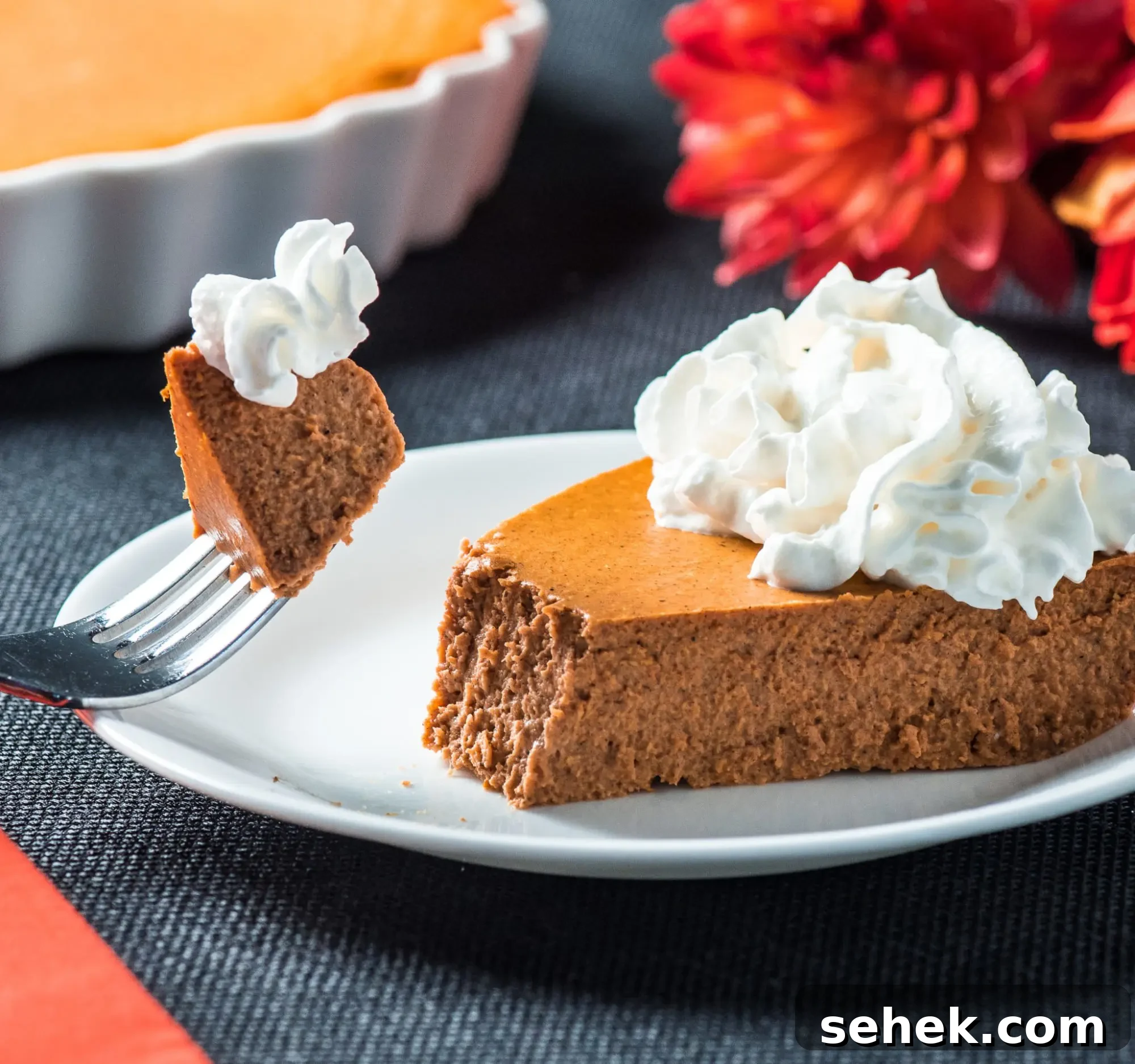 Low-Carb Crustless Pumpkin Pie Recipe for Keto and Paleo Diets 8 Fork with Pie