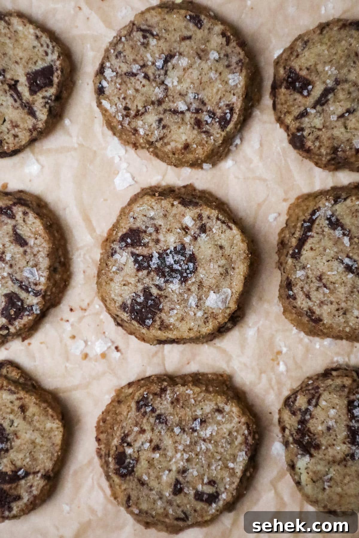 Brown Butter Shortbread Cookies with Chocolate Chunks 2 Chocolate chunk brown butter shortbread cookies with flaky sea salt.