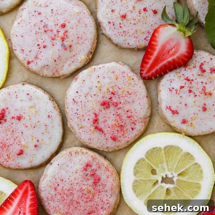 Strawberry lemonade shortbread cookies made with dehydrated strawberries, topped with a lemon glaze, and decorated with fresh strawberries and lemons.