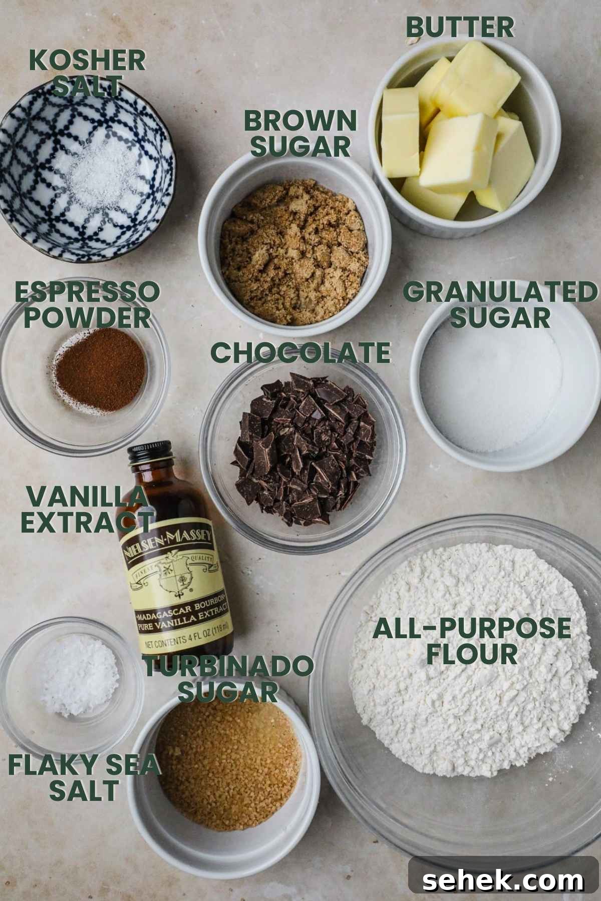 Brown Butter Shortbread Cookies with Chocolate Chunks 3 Ingredients for chocolate chunk brown butter shortbread, flour, brown sugar, granulated sugar, butter, kosher salt, espresso powder, vanilla extract, flaky sea salt.