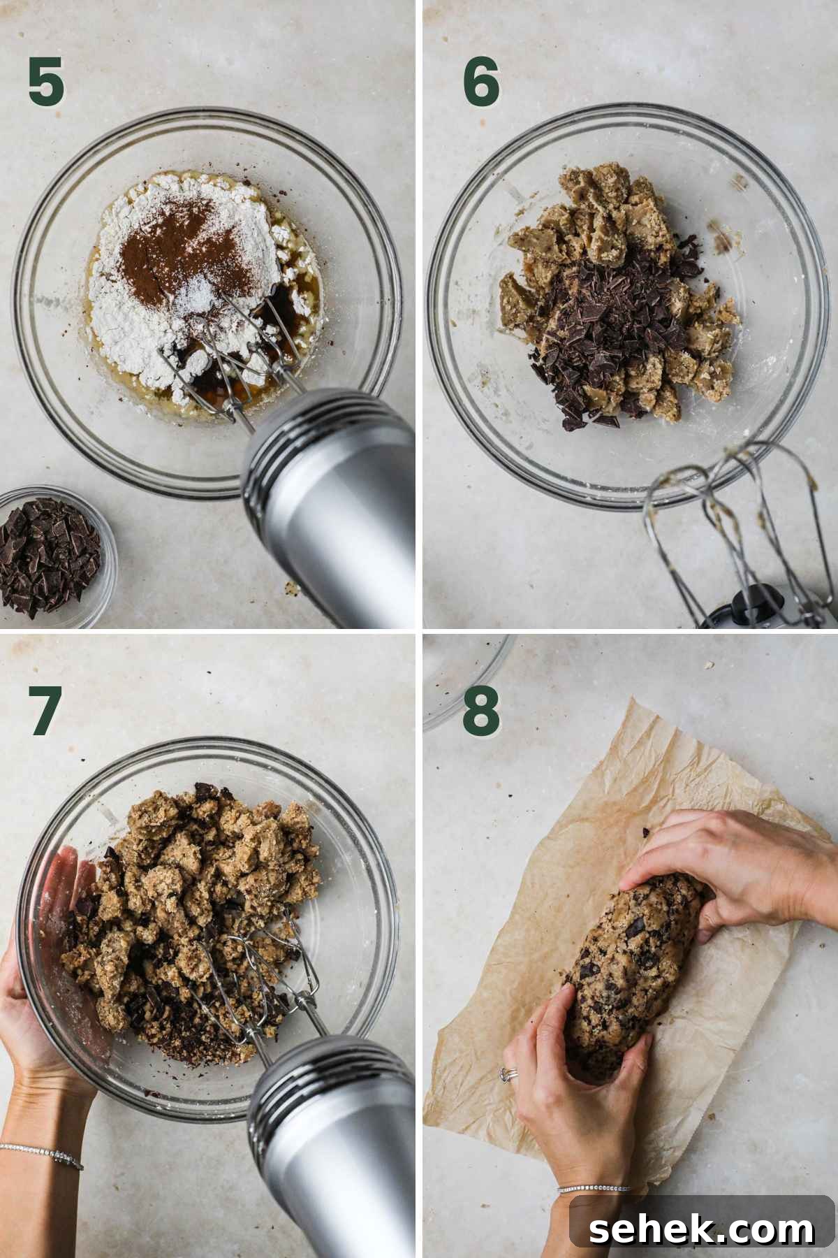 Brown Butter Shortbread Cookies with Chocolate Chunks 5 Steps to make brown butter chocolate chunk shortbread, add flour, espresso powder, kosher salt to butter mixture, stir in chocolate chunks, then form into a log.