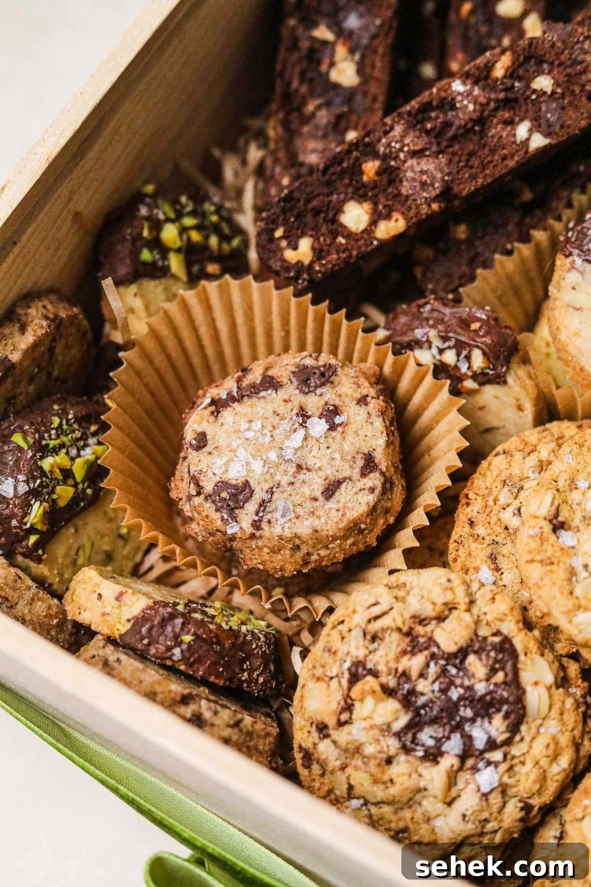 Brown Butter Shortbread Cookies with Chocolate Chunks 7 Brown butter chocolate chunk shortbread with Maldon flaky sea salt in a holiday cookie box.