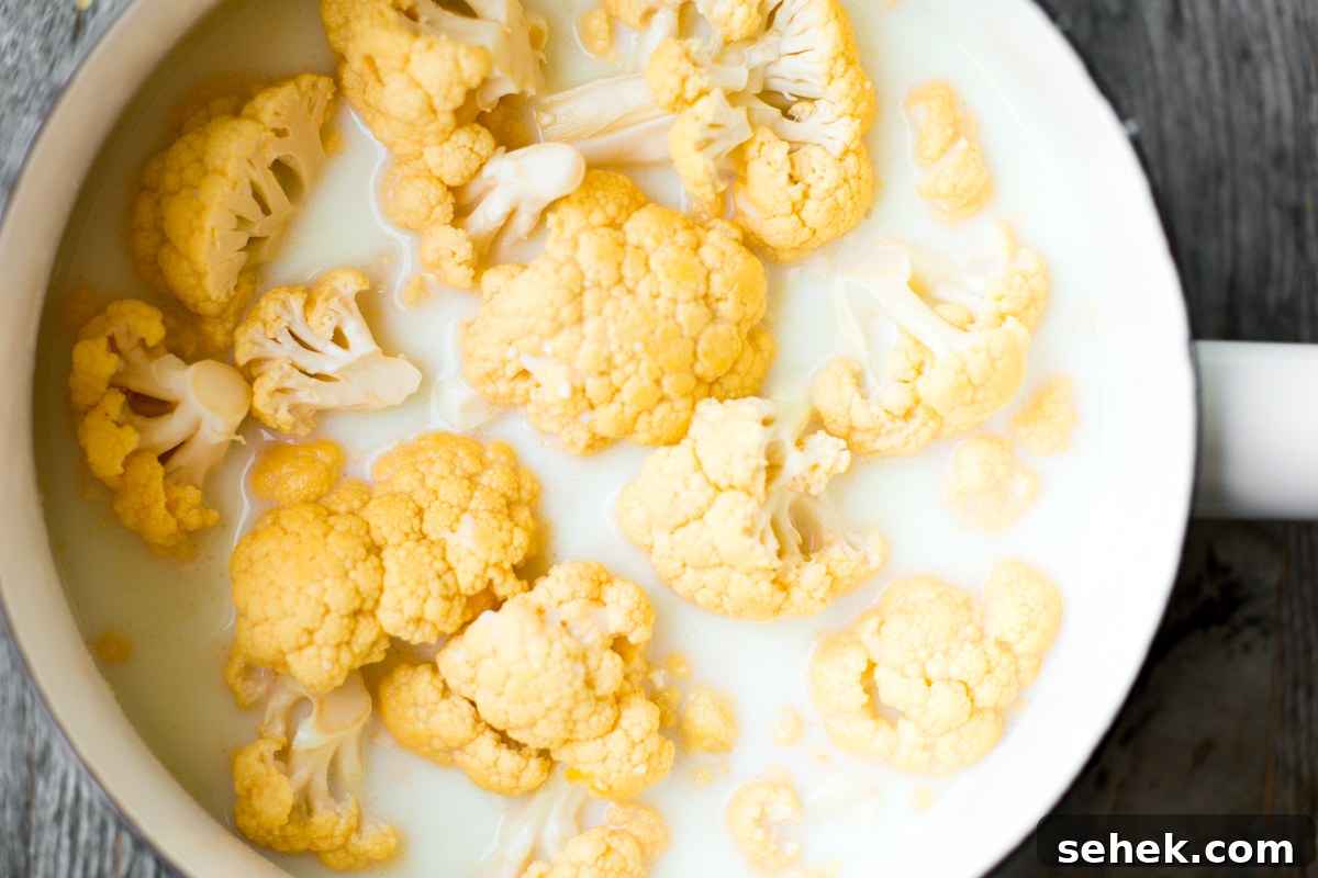 Creamy Stovetop Cauliflower Mac and Cheese Recipe 4 cauliflower simmering in milk in saucepan