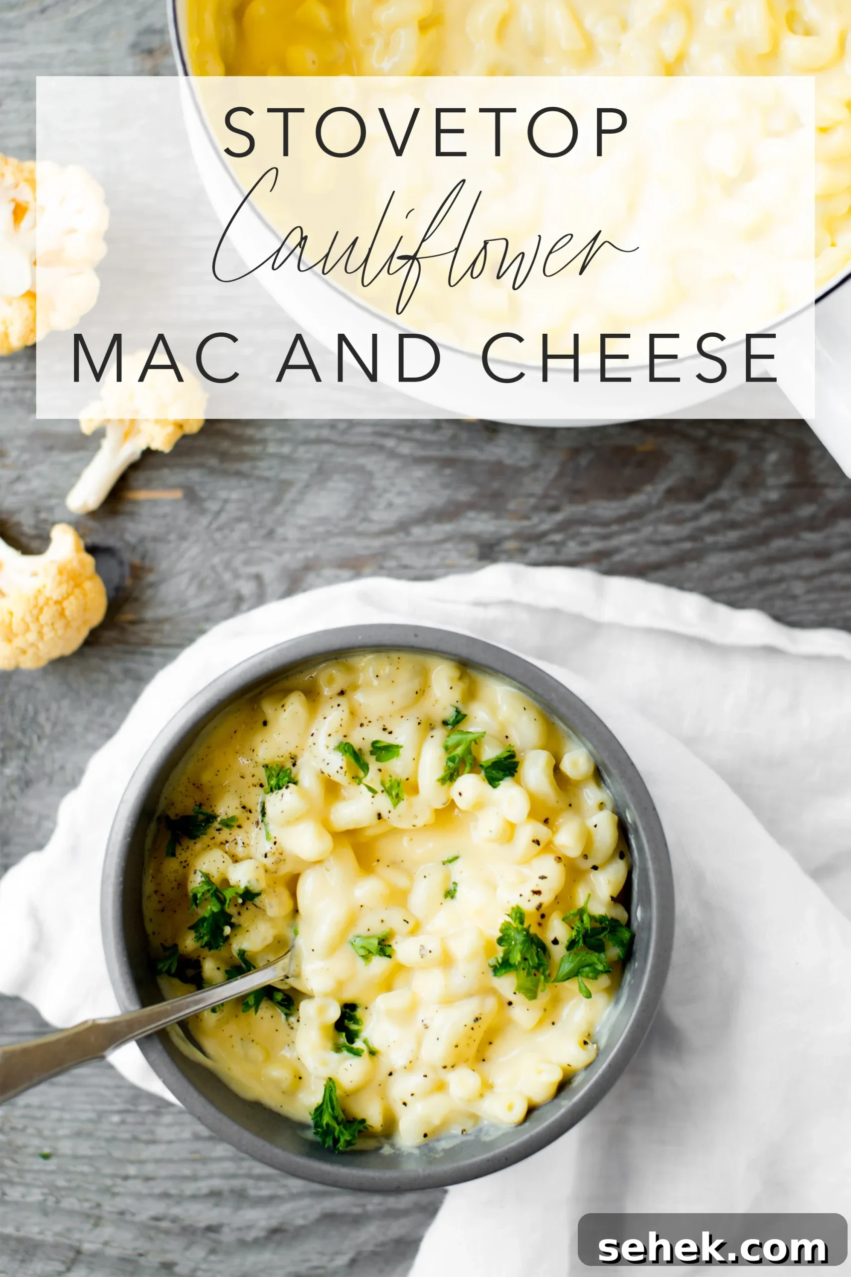 Creamy Stovetop Cauliflower Mac and Cheese Recipe 9 stovetop cauliflower mac and cheese in a bowl with a gray background and text overlay