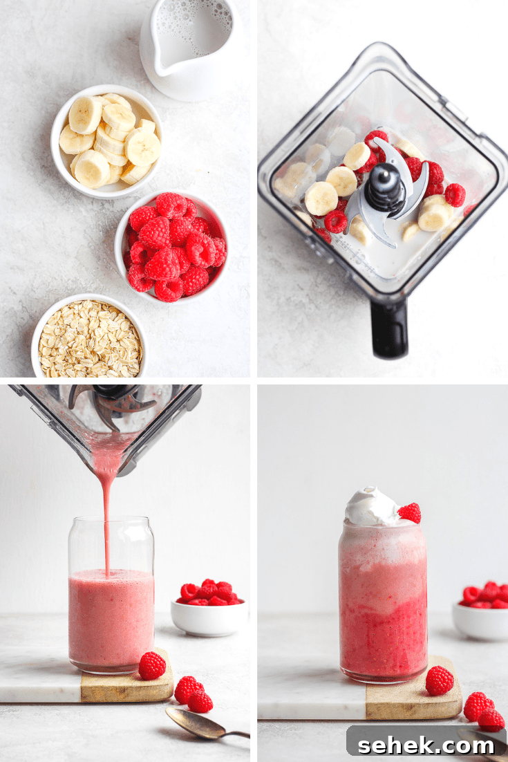 Raspberry Smoothie - a delicious way to use those seasonal raspberries that is simple and healthy! (Dairy-Free!) Four images of the ingredients for raspberry smoothie in small bowls, all the ingredients in the blender, pouring the smoothie from the blender to a glass, and a smoothie in a tall glass.