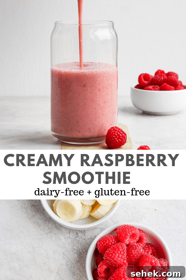 Raspberry Smoothie - a delicious way to use those seasonal raspberries that is simple and healthy! (Dairy-Free!) Pinterest image for a raspberry smoothie.