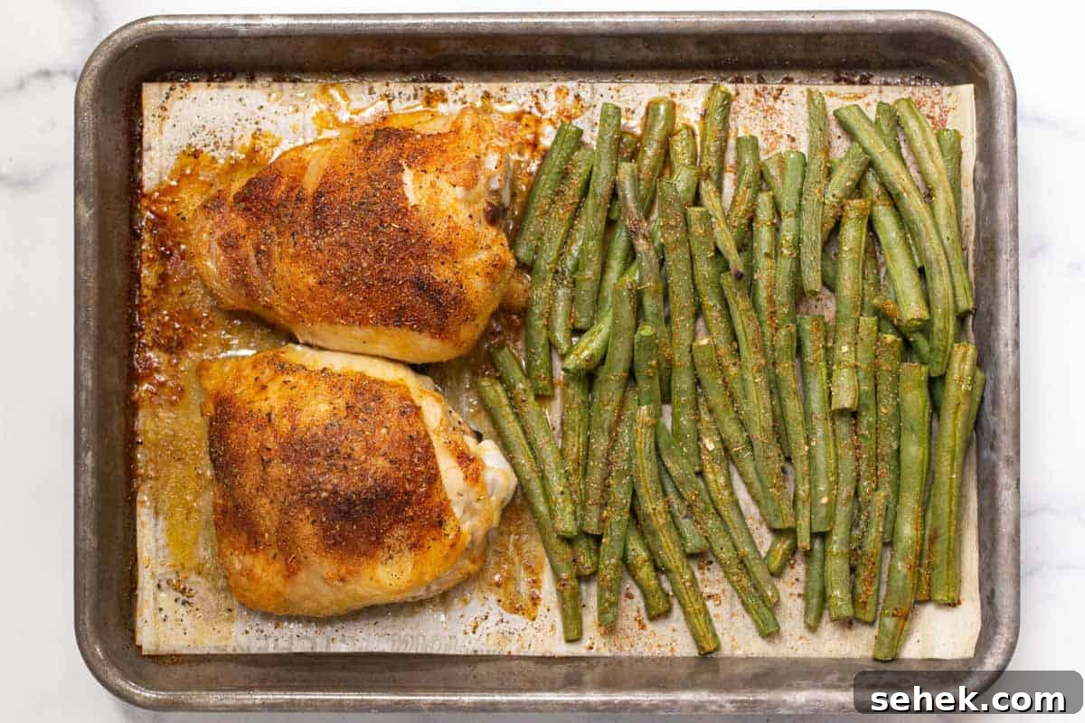 Baked chicken thighs and green beans.