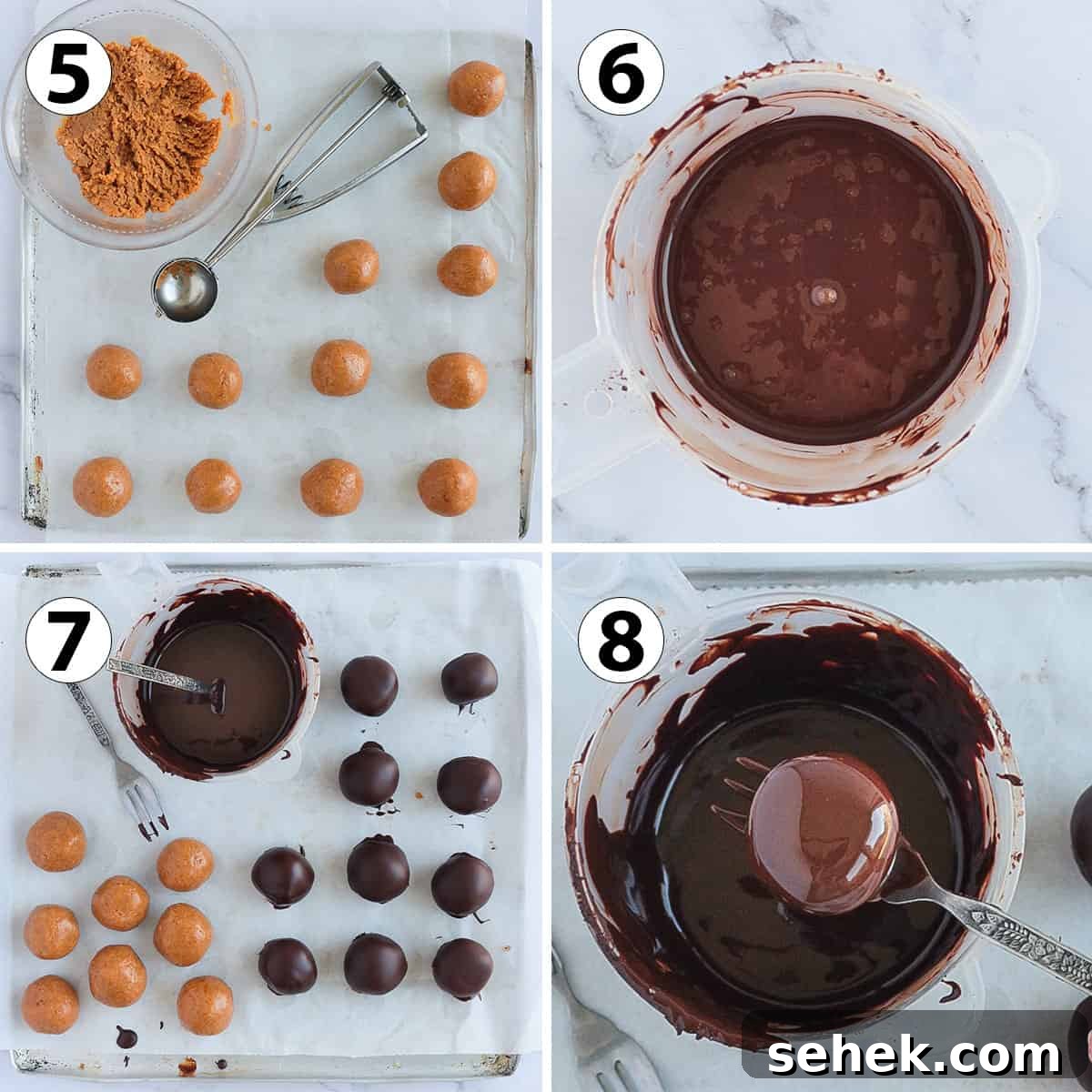 No-Bake Chocolate Peanut Butter Balls Recipe That Melts in Your Mouth 5 Process Shot Collage: assembling the truffes and dipping them in melted chocolate.
