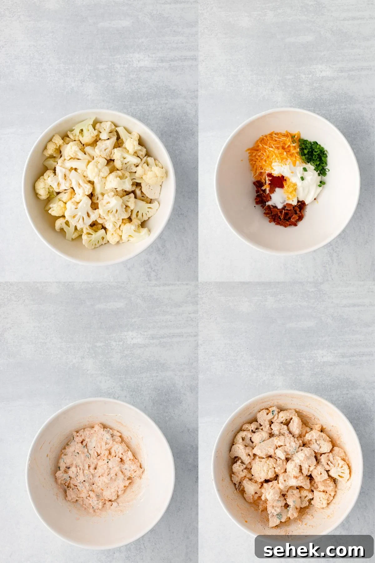 Creamy Loaded Cauliflower Casserole with Bacon and Cheddar 8 Step by step images for how to make loaded cauliflower casserole.