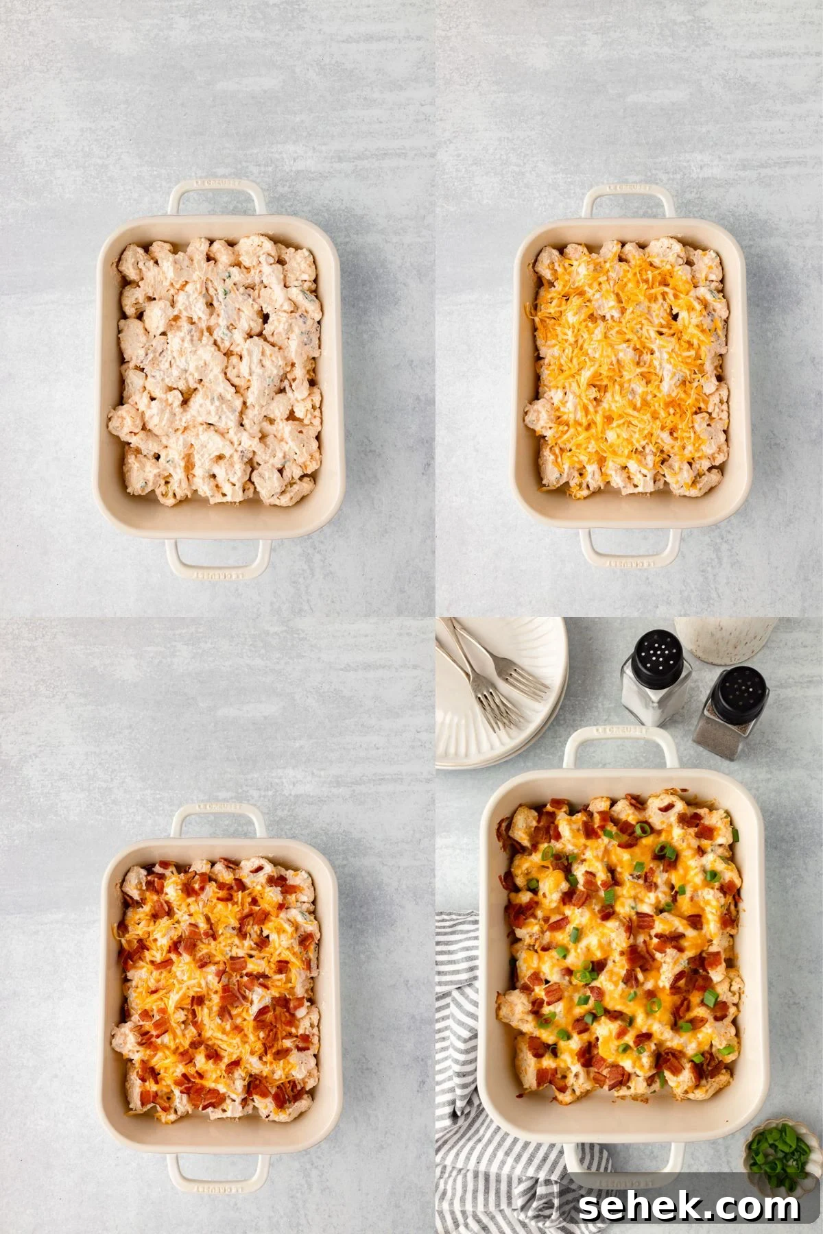 Creamy Loaded Cauliflower Casserole with Bacon and Cheddar 9 Final steps for how to make cauliflower casserole.