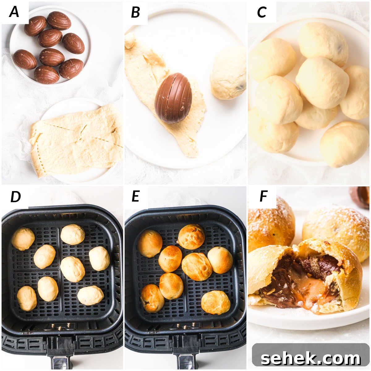Air-Fried Cadbury Creme Egg Dessert Recipe 5 image collage showing the steps for making air fryer fried creme egg recipe