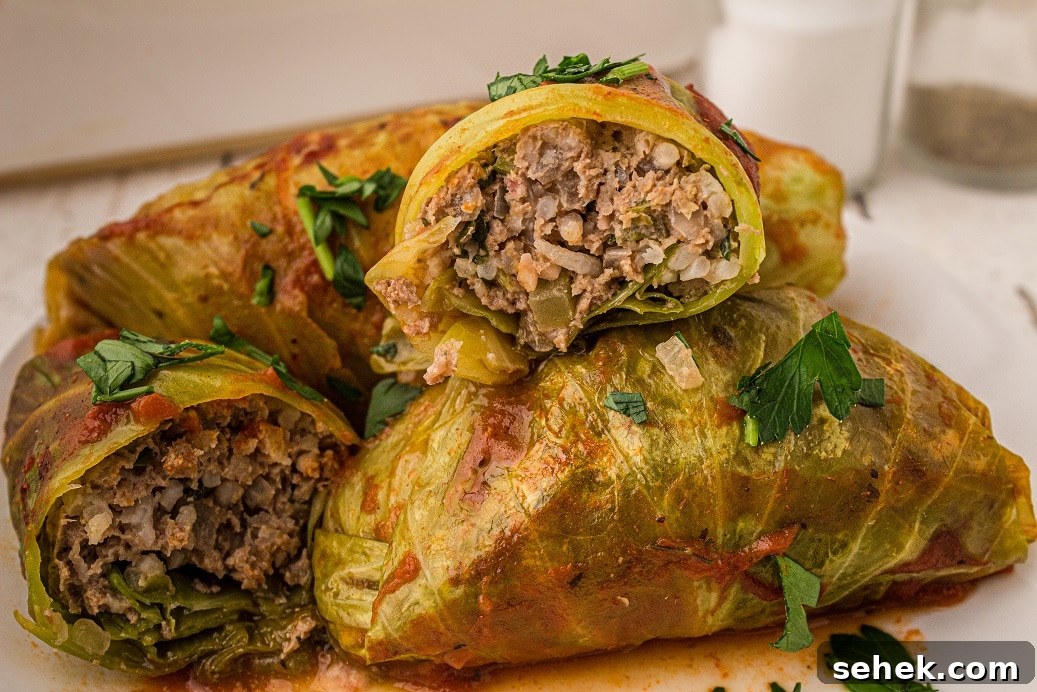 28 Delicious Sides to Serve with Jambalaya 16 cabbage rolls in pile with one sliced open showing the stuffed meat inside