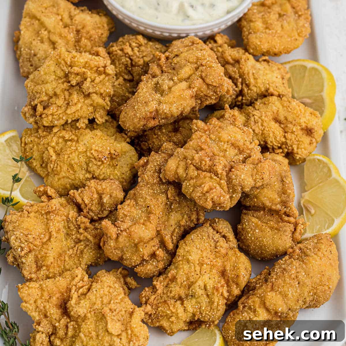 28 Delicious Sides to Serve with Jambalaya 22 A large platter of fried catfish nuggets with some lemon wedges and a tartar sauce.