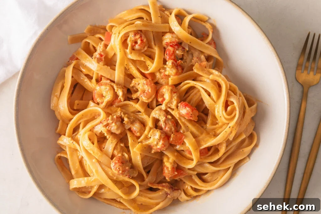 White bowl with Crawfish Fettuccine with a gold fork and white napkin laying next to it.