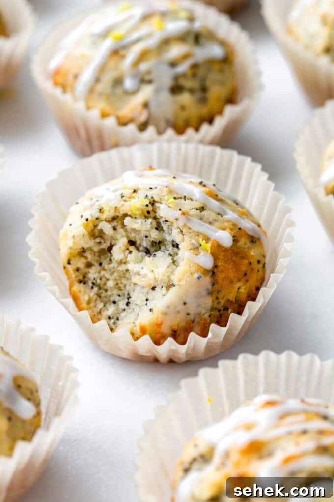 Moist Lemon Poppy Seed Muffins Recipe 2 a lemon poppy seed muffin with a bite taken out of it