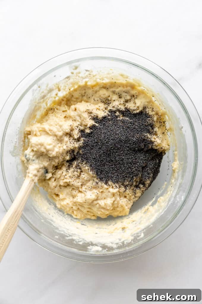 Moist Lemon Poppy Seed Muffins Recipe 7 lemon muffin batter and poppyseeds in a mixing bowl