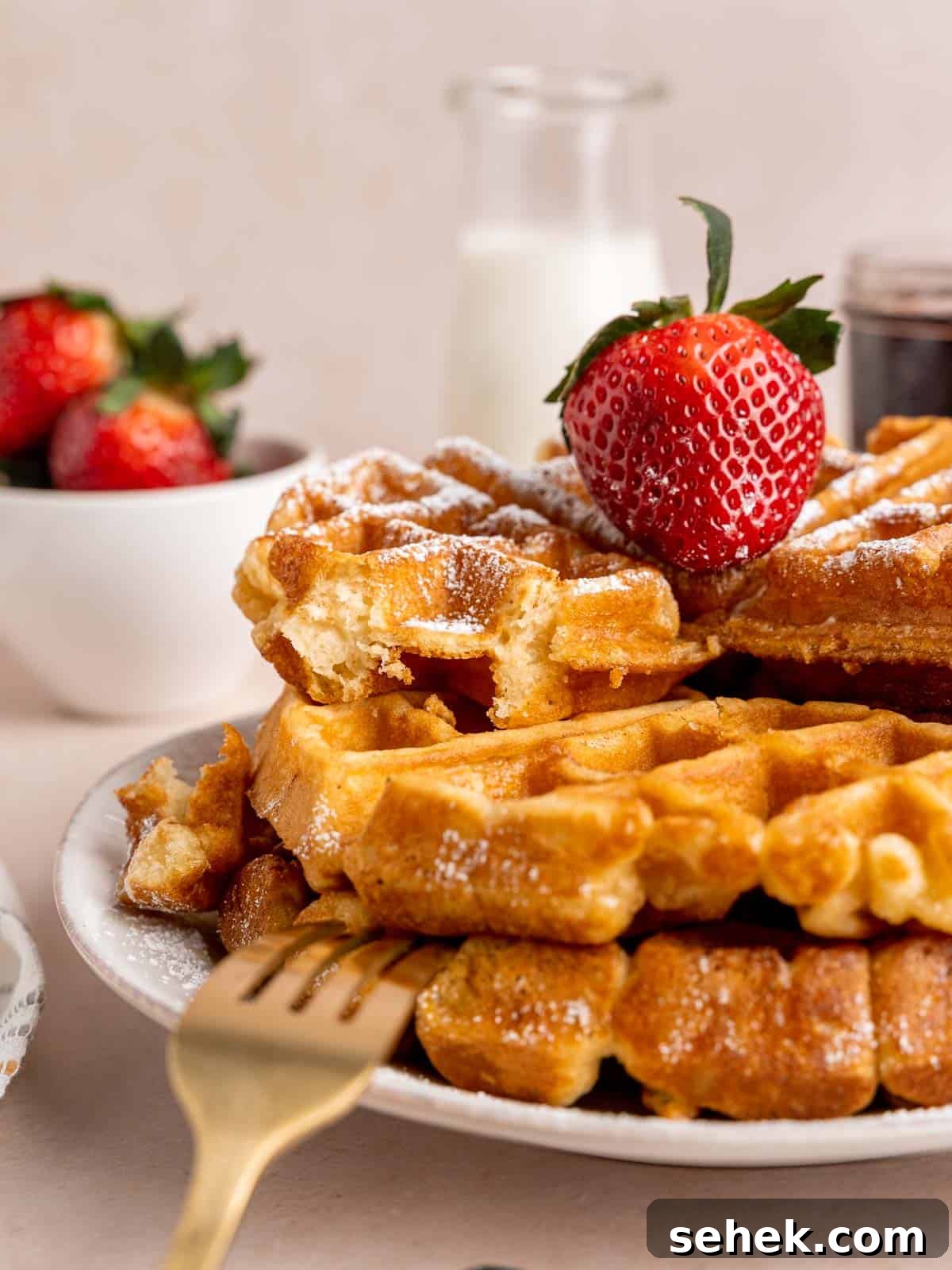 Homemade Belgian Waffles Recipe for Crispy, Fluffy Results 8 A stack of Belgian waffles with a bite taken out of them.