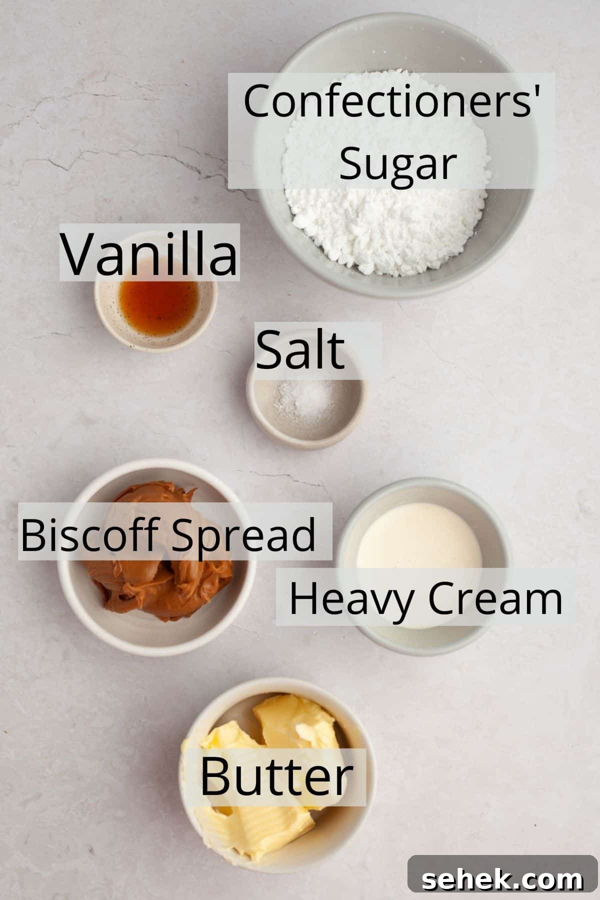 5-Ingredient Biscoff Buttercream Frosting 3 All the ingredients to make Biscoff buttercream weighed out into small bowls.
