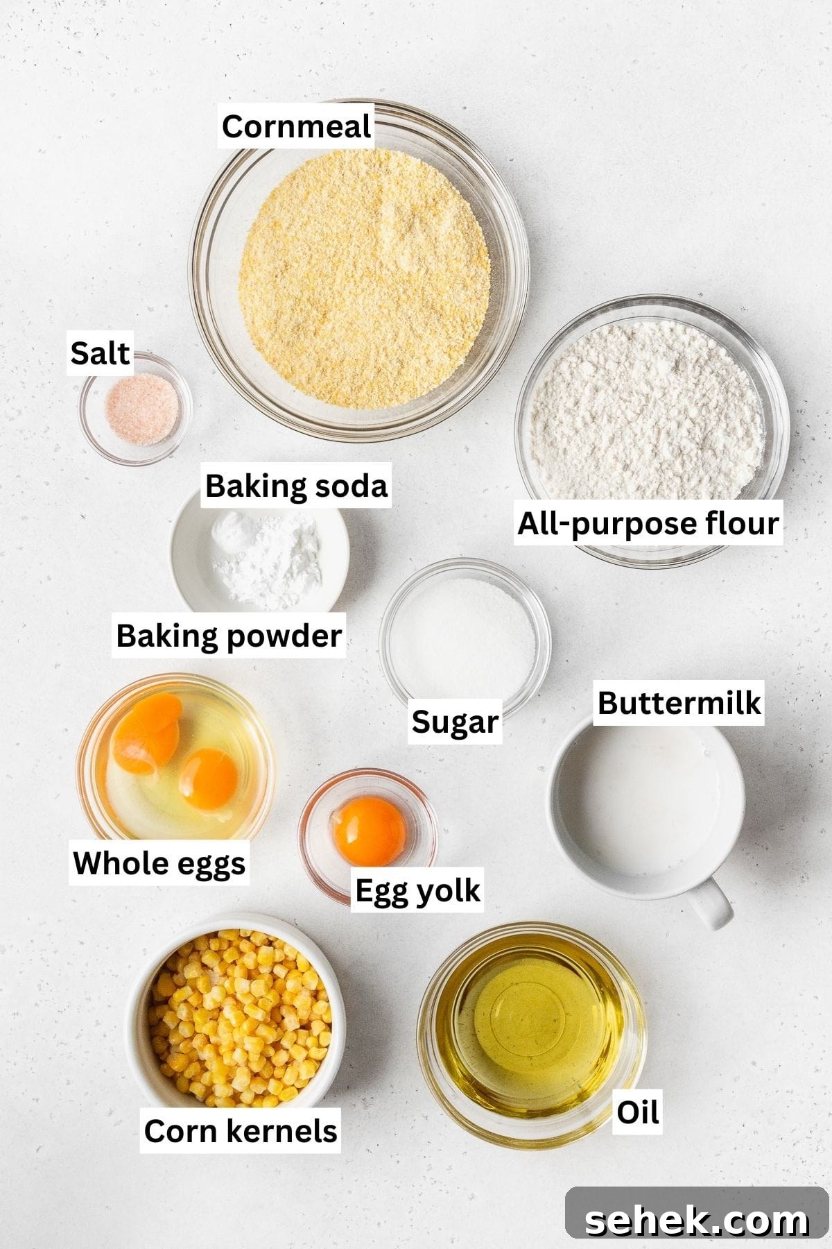 Crispy Cornbread Croutons for Salads and Soups 3 All of the ingredients for the cornbread croutons on a counter.