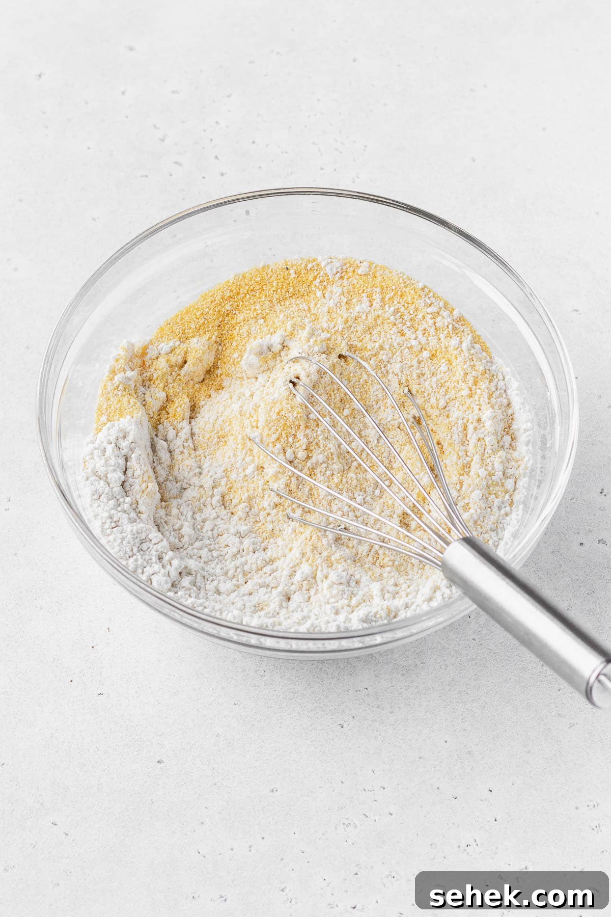 Crispy Cornbread Croutons for Salads and Soups 6 Whisking the dry cornbread ingredients together in a glass mixing bowl.