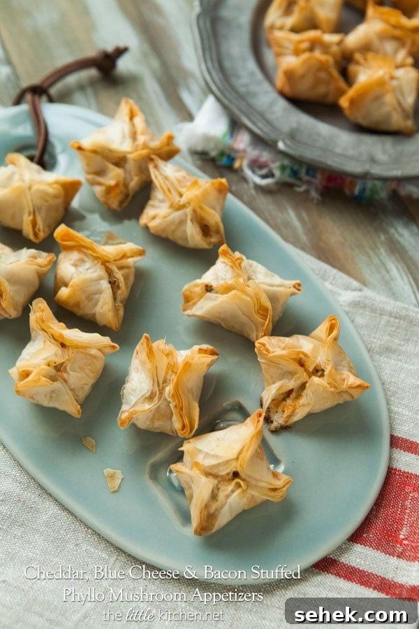 Cheddar, Blue Cheese and Bacon Stuffed Phyllo Mushroom Appetizers from thelittlekitchen.net