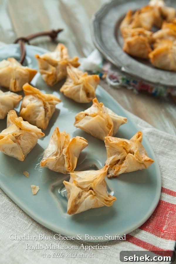 Cheddar, Blue Cheese and Bacon Stuffed Phyllo Mushroom Appetizers from thelittlekitchen.net