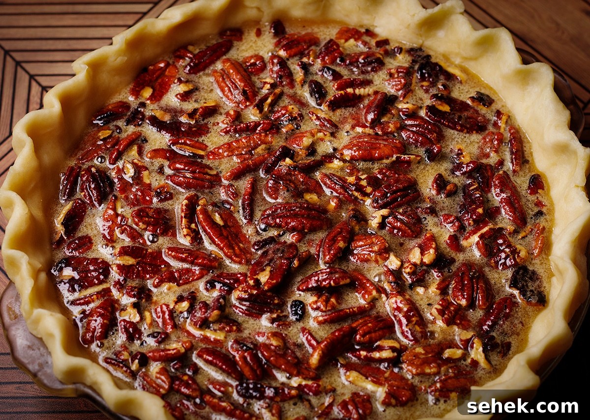 An unbaked pecan pie that's ready to go into the oven.
