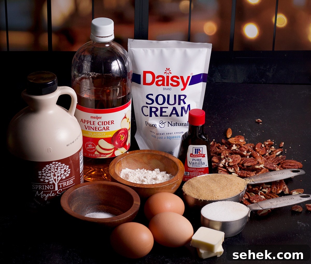 All the ingredients needed to make a pecan pie without corn syrup.