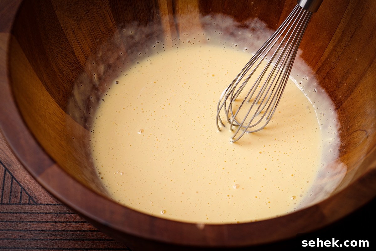 Someone using a wire whisk to blend sour cream into egg yolks.