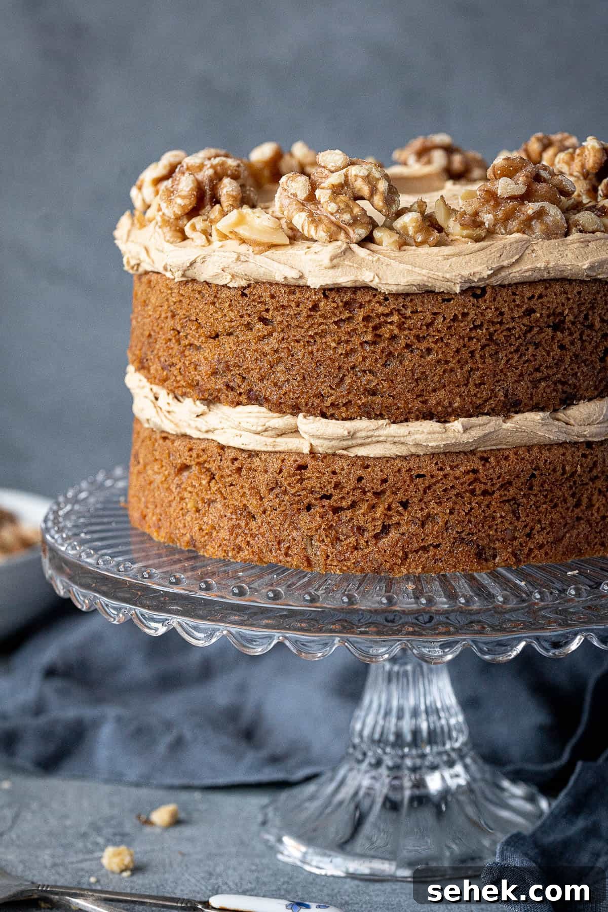 Vegan Gluten-Free Coffee and Walnut Cake Recipe 13 Close up of gluten-free vegan coffee and walnut cake.