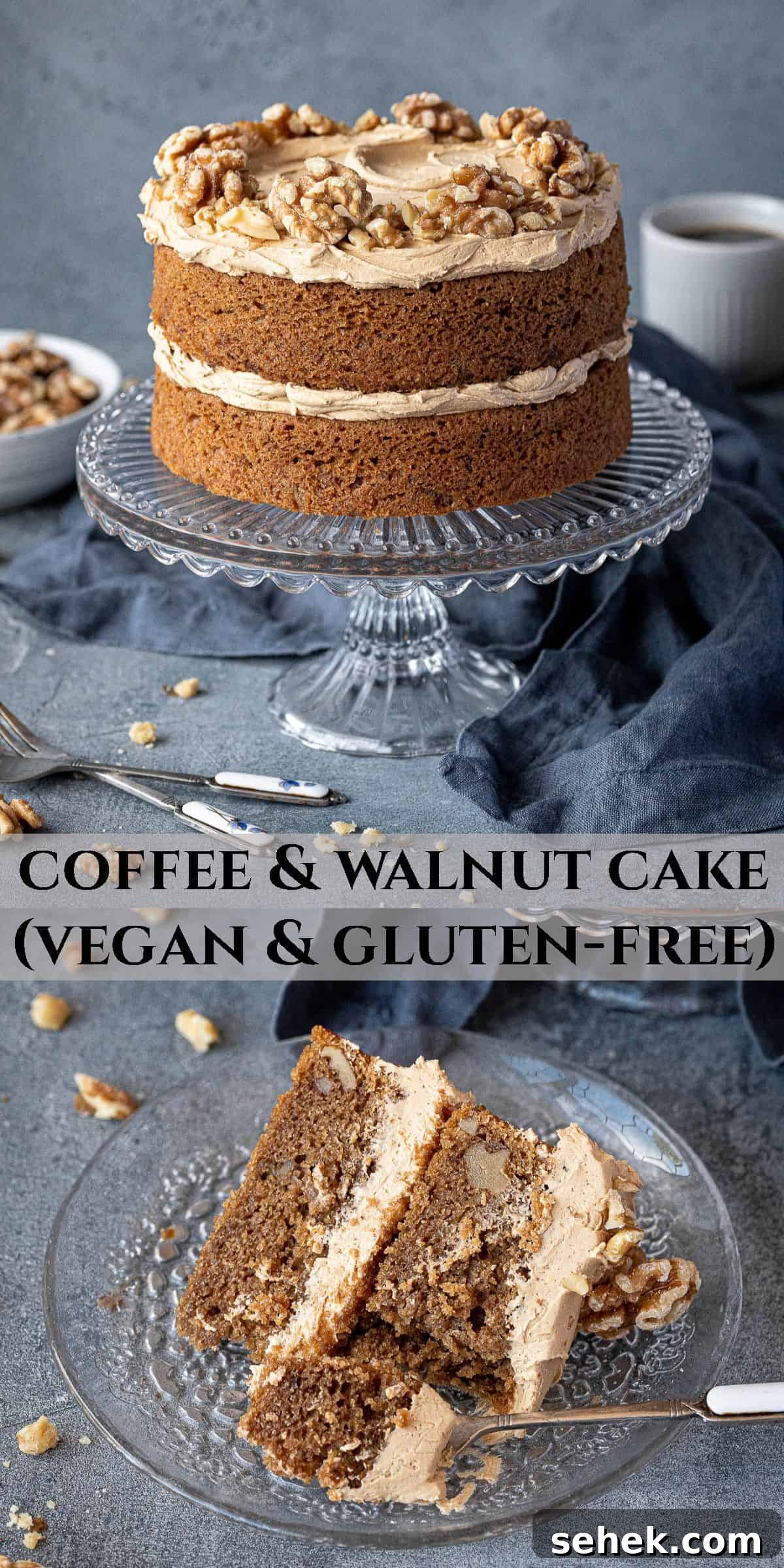 Vegan Gluten-Free Coffee and Walnut Cake Recipe 15 Pinterest collage image.