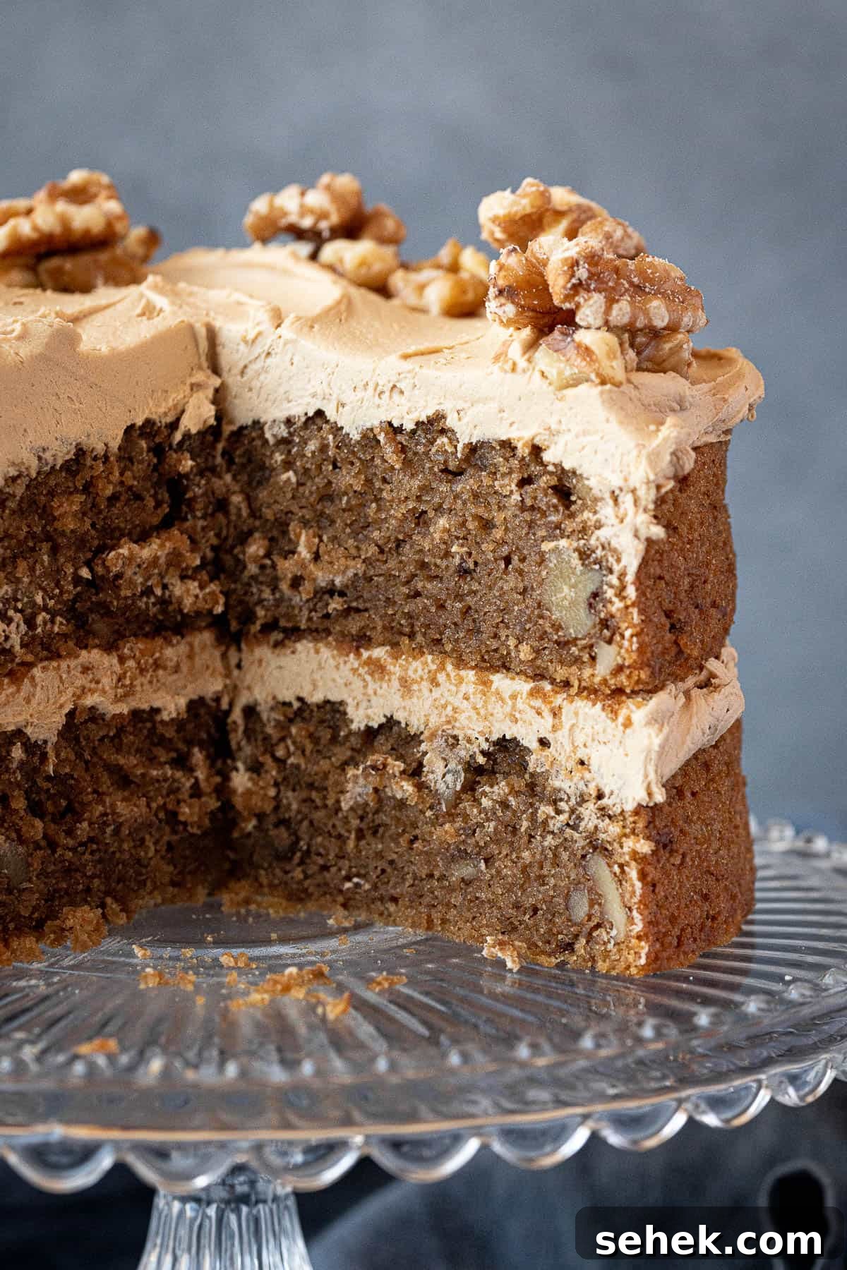 Vegan Gluten-Free Coffee and Walnut Cake Recipe 4 A close up of the sliced cake.