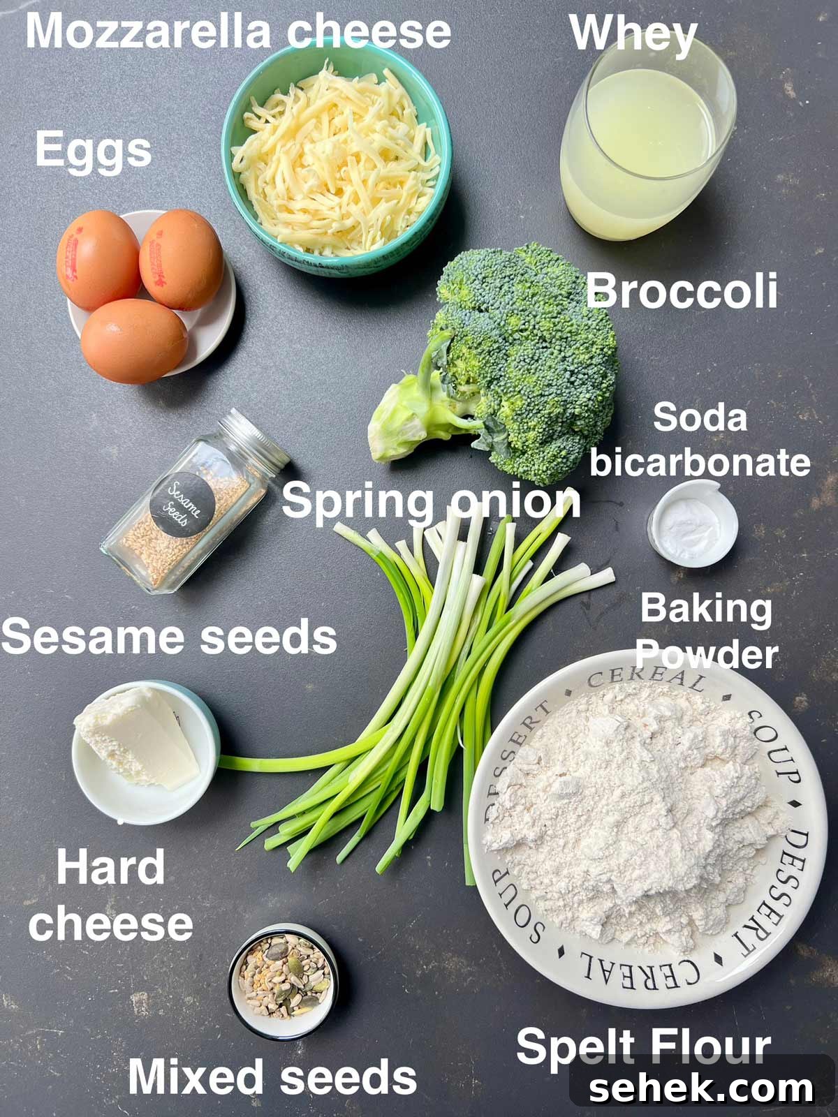 High-Protein Broccoli Bread Recipe 3 Ingredients needed for broccoli bread (eggs, cheese, whey, broccoli, sesame seeds, spring onion/scallions, soda carbonate, baking powder, hard cheese, organic spelt flour and mixed seeds).