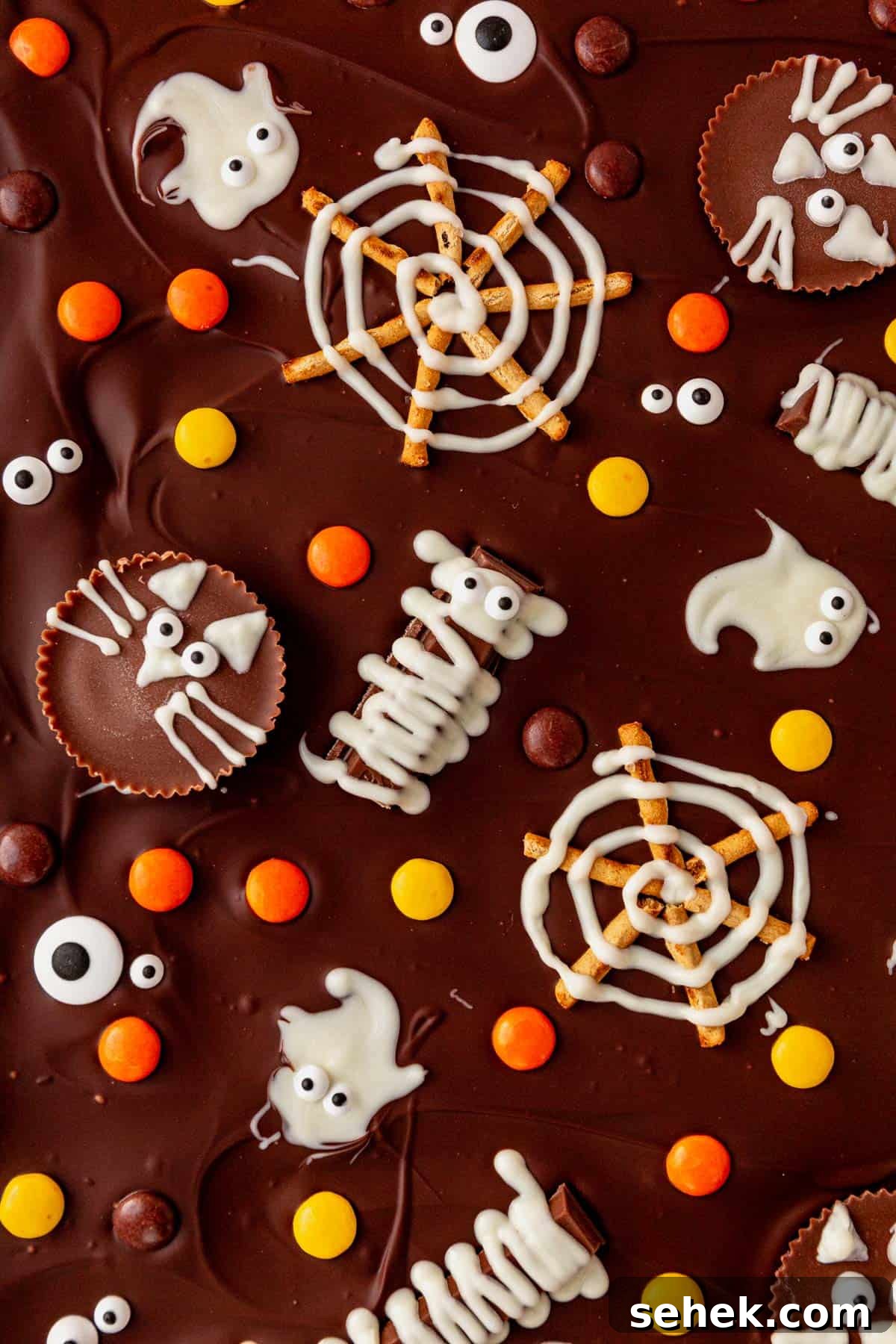 How to Make Spooky Halloween Candy Bark 2 candy mummies, spider webs, ghosts, and cats on chocolate bark