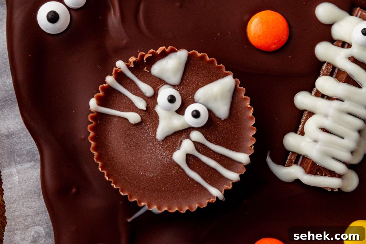 How to Make Spooky Halloween Candy Bark 6 a cat face on a reese's cup