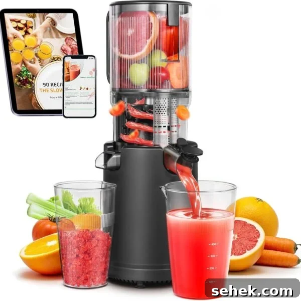 A juicer machine dispensing red juice into a glass.