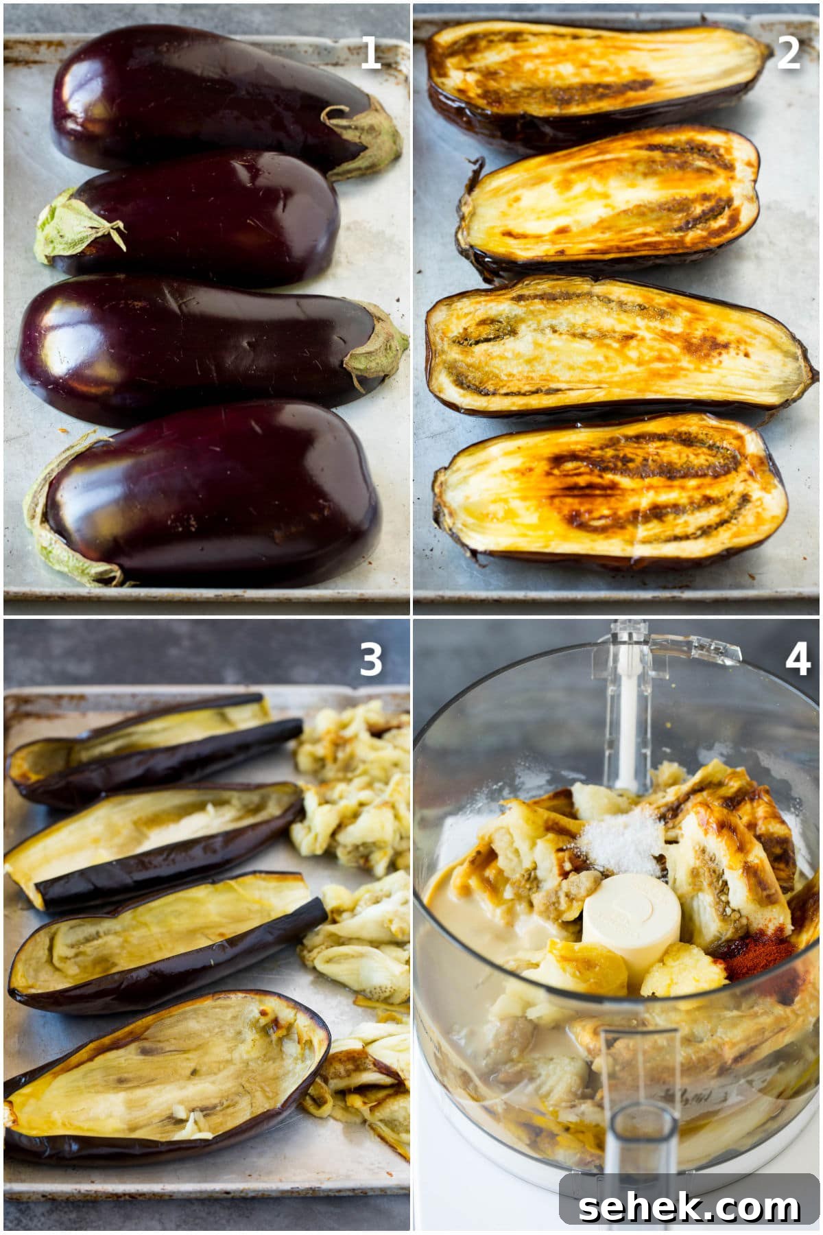 Smoky Baba Ganoush: Creamy Roasted Eggplant Dip 3 Process shots showing how to roast and puree eggplant.