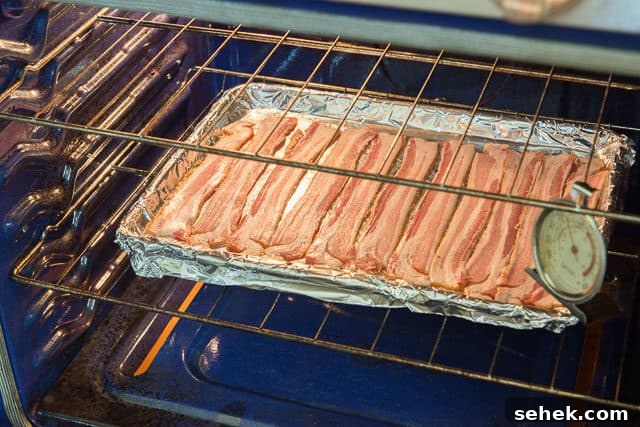 Crispy Oven Bacon: How to Bake Bacon for Even Crispness 6 Sheet pan of Bacon on Middle Rack of Oven shows how to cook bacon in the oven