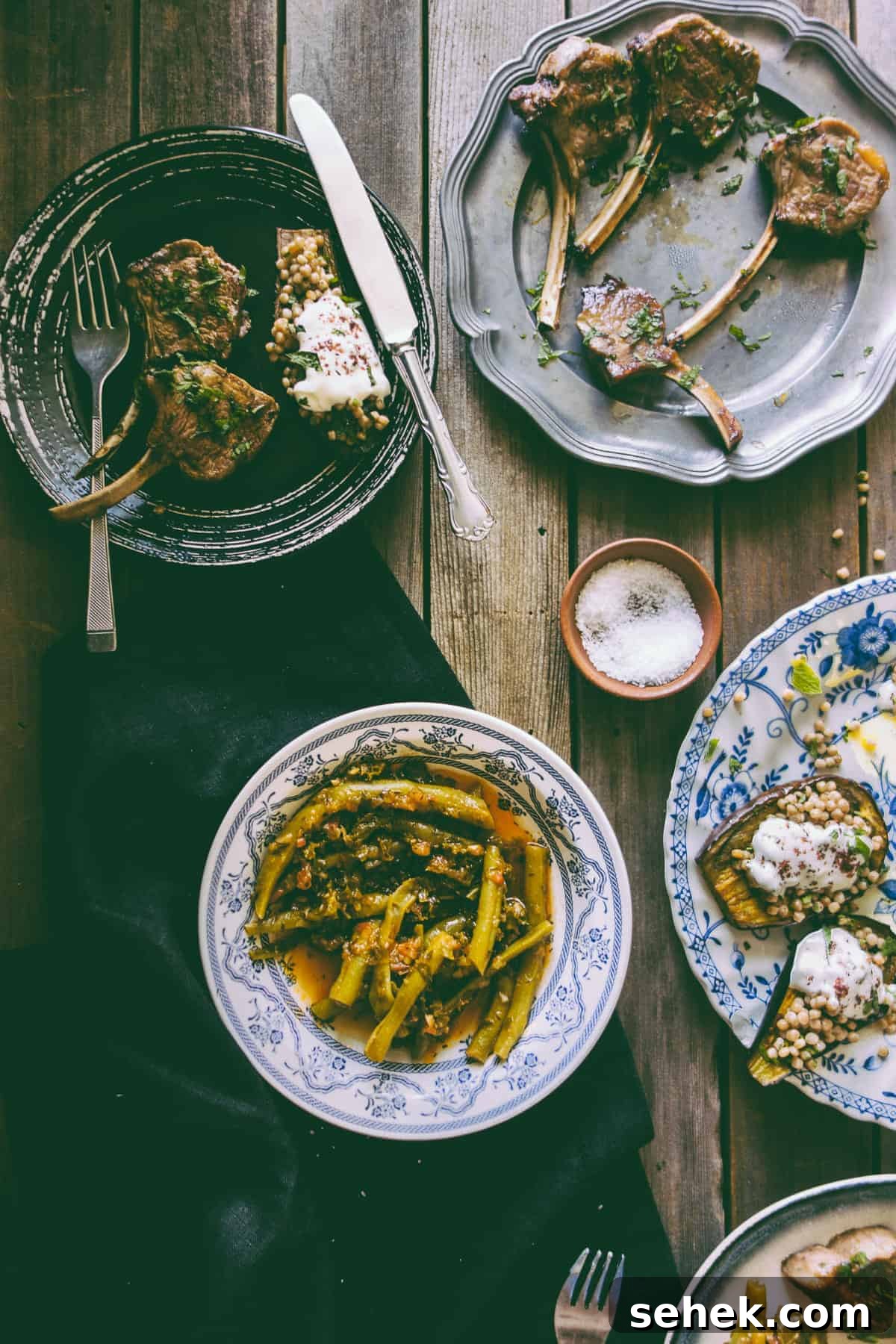 Lamb with stuffed eggplants Middle Eastern style lamb cutlets with Israeli couscous stuffed eggplants