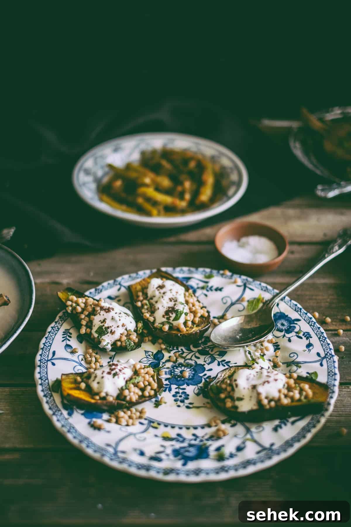 Stuffed eggplants close up Israeli couscous stuffed eggplants