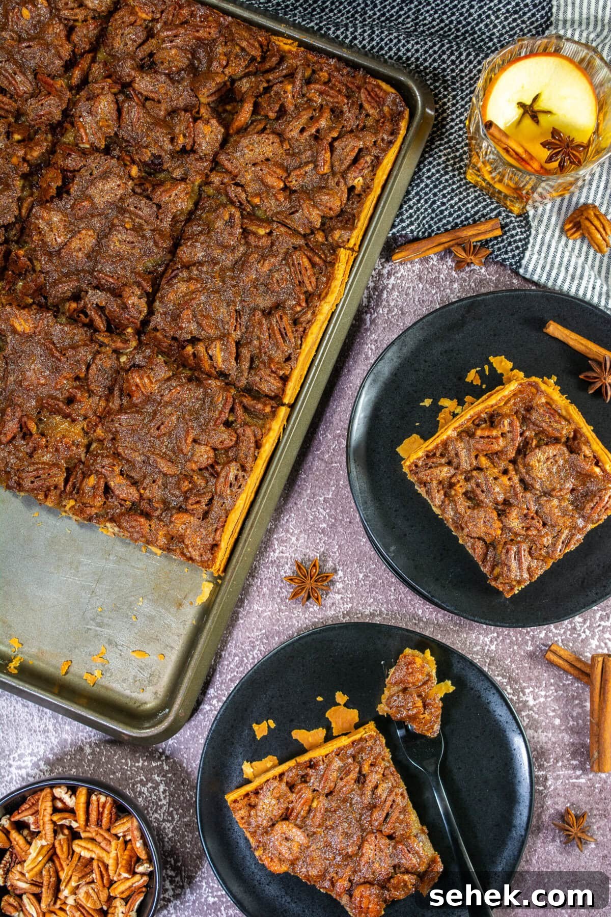 Classic Pecan Slab Pie with Buttery Crust 3 Closeup of pecan slab pie filling