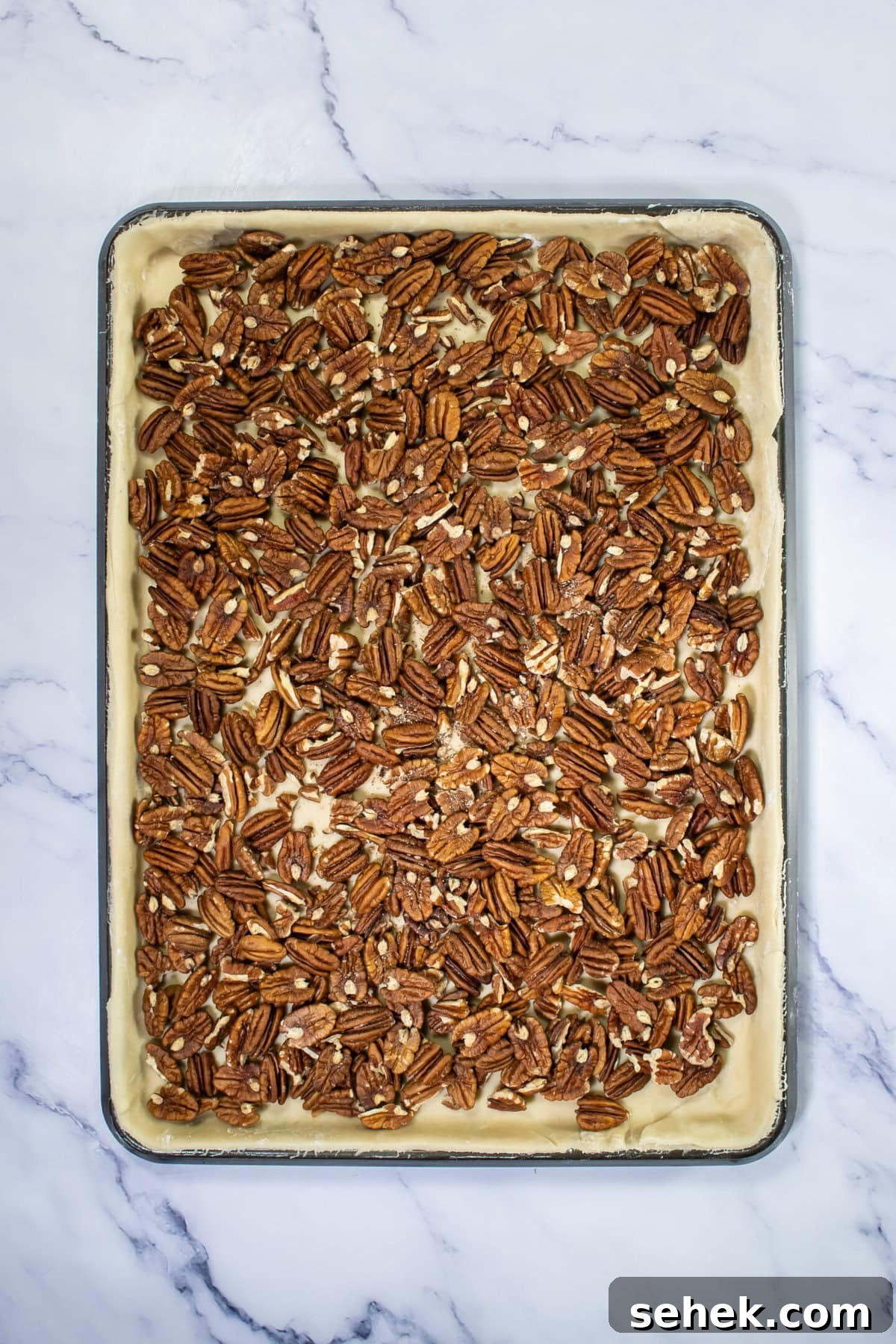 Classic Pecan Slab Pie with Buttery Crust 7 Pecans spread over crust