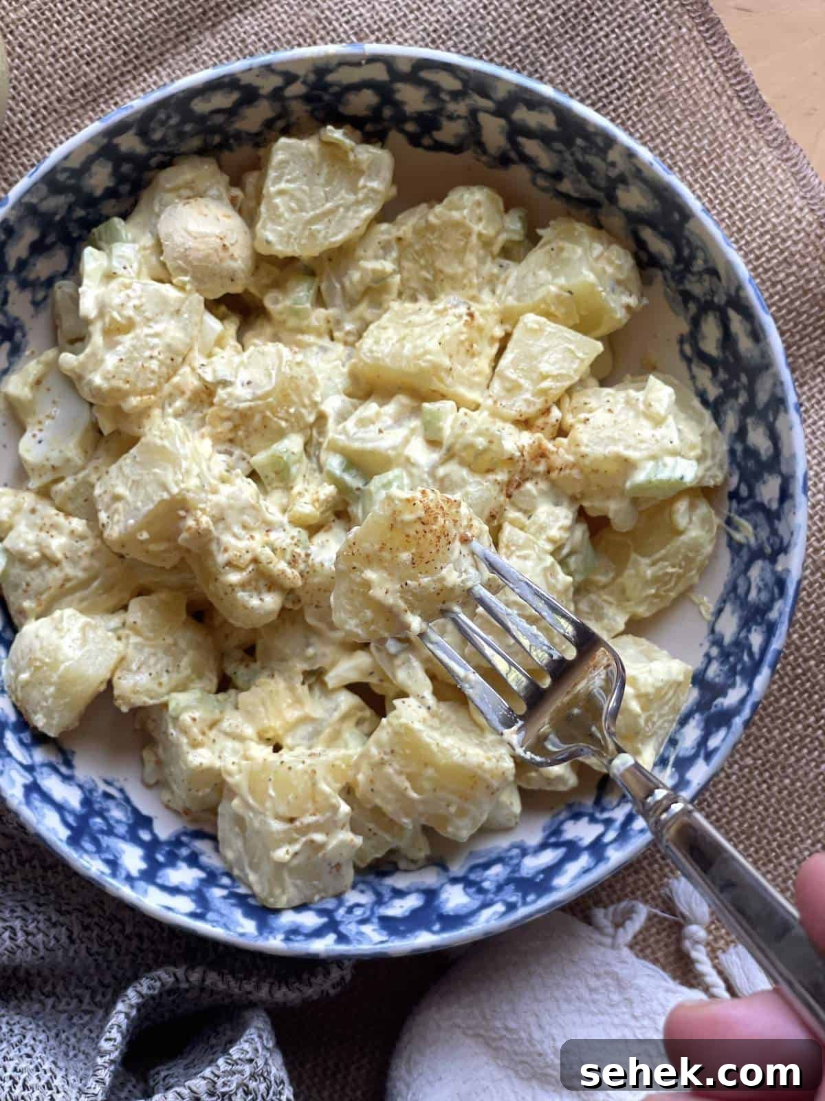 Classic Southern Potato Salad Recipe 2 A bowl of southern potato salad topped with a pinch of creole seasoning.