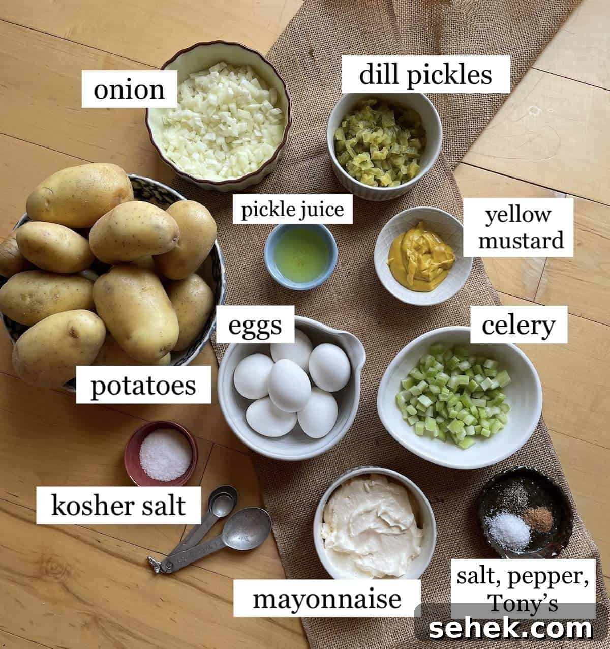 Classic Southern Potato Salad Recipe 3 The ingredients in southern potato salad, laid out and labeled.
