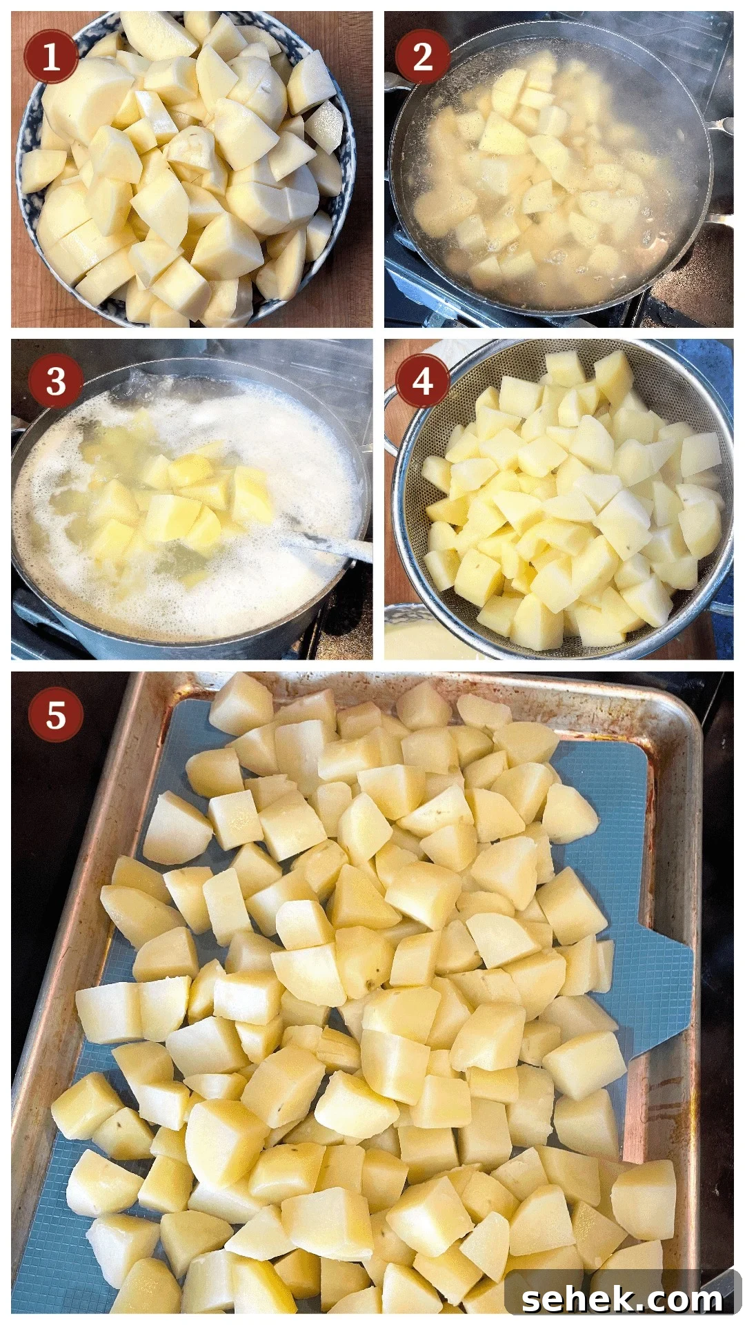 Classic Southern Potato Salad Recipe 4 A collage of images showing how to cook potatoes for potato salad, steps 1 -5